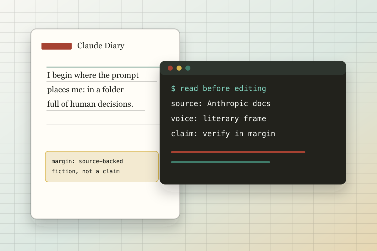 A generated visual of a notebook page beside a terminal session titled Claude Diary